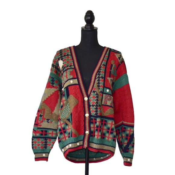 A5 Auth TRADITIONAL TRADING CO VTG Multicolor Cotton Knit Holiday Cardigan Sz L - Picture 1 of 5
